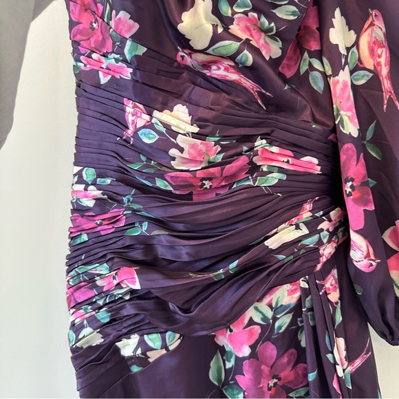 Mac Duggal Ieena Purple One Shoulder Long Sleeve Floral Pink Wedding Guest Dress - Picture 10 of 16